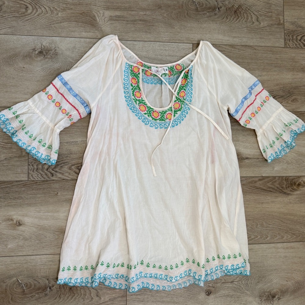 Flowy cream bohemian cotton tunic cover up embroidered Lilka size Medium